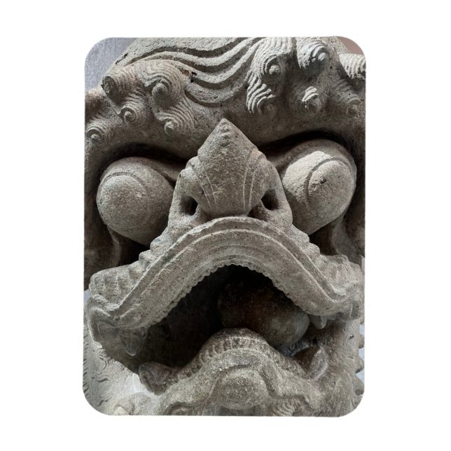 Chinese Foo Dog Dragon Granite Rock Sculpture Magnet (Vertical)