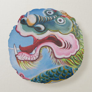 Chinese Foo Dog / Lion Guardian Mural Round Pillow