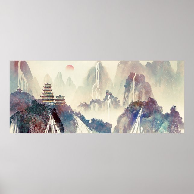 Chinese Forest Mountain Temple Ink Painting Poster (Front)