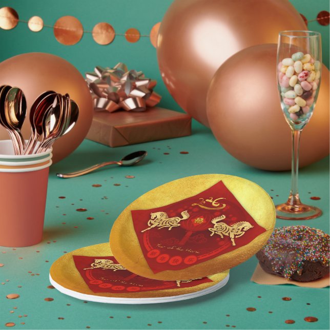 Chinese FU Luck lantern Horse Year greeting PP01 Paper Plate (Multi)