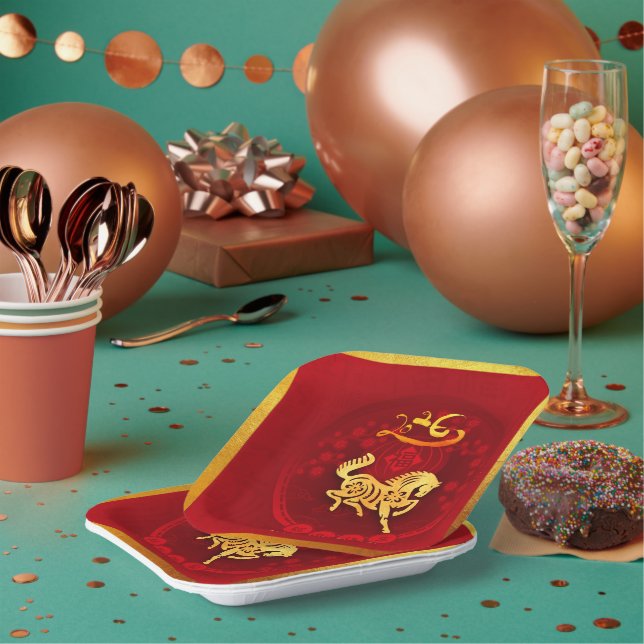Chinese FU Luck lantern Horse Year greeting PP02 Paper Plate (Multi)