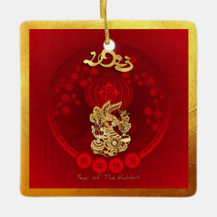 Chinese FU Luck lantern Rabbit Year greeting SqCO2 Ceramic Ornament