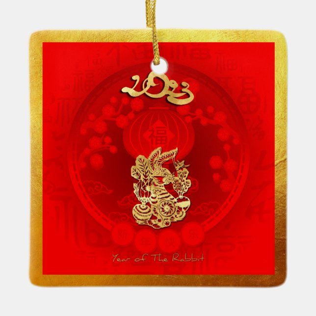 Chinese FU Luck lantern Rabbit Year greeting SqCO3 Ceramic Ornament (Front)