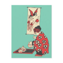 Chinese Girl Having Tea Illustration Postcard