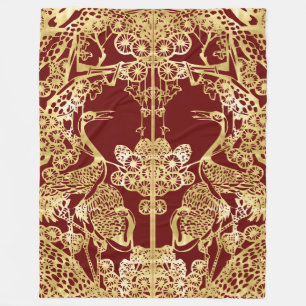 Chinese Gold Cranes Over Red Fleece Blanket