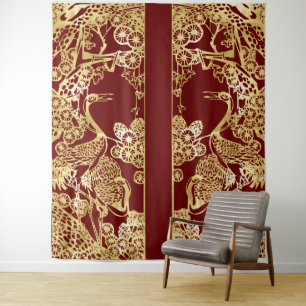 Chinese Gold Cranes Over Red Tapestry