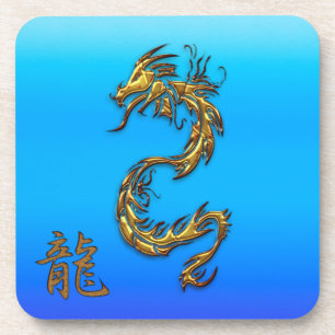 Chinese Golden Dragon on Blue Drink Coasters