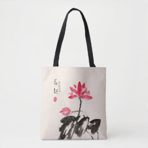 Chinese Hand painted Watercolor Floral Lotus Tote  Bag