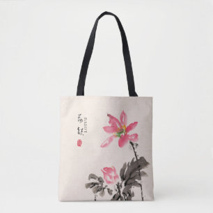 Chinese Hand painted Watercolor Floral Lotus Tote  Bag