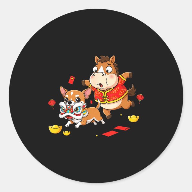 Chinese Horse Chihuahua Funny Kid Mens Womens Happ Classic Round Sticker (Front)
