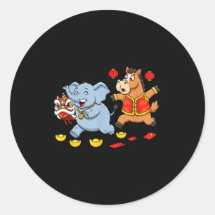 Chinese Horse Elephant Funny Kids Mens Womens Happ Classic Round Sticker