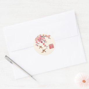 Chinese Ink painting flowers and birds wedding Classic Round Sticker