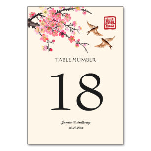 Chinese ink painting flowers and birds wedding  table number