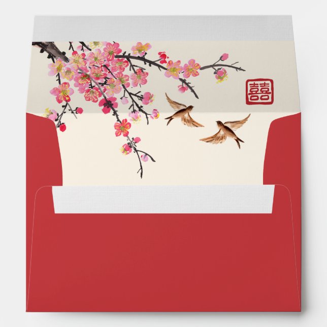 Chinese ink painting flowers birds red wedding  envelope (Back (Bottom))