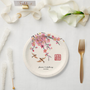 Chinese ink painting flowers birds wedding paper plate