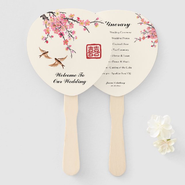 Chinese Ink painting flowers birds wedding program Hand Fan (Front and Back)