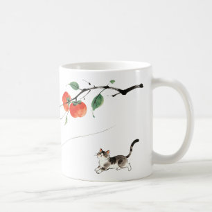 Chinese Ink Wash Persimmon Cat Art Coffee Mug