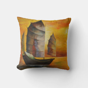 Chinese Junk In Ochre and Yellow Throw Pillow