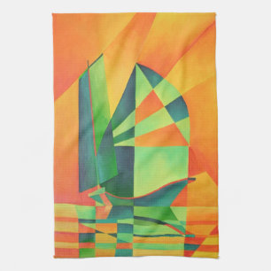Chinese Junk Sails at Sunrise Orange And Green Kitchen Towel