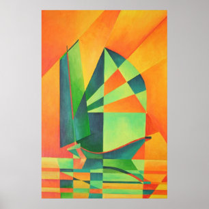Chinese Junk Sails at Sunrise Orange And Green Poster