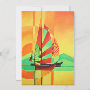 Chinese Junks Sail to Shore In Cubism Geo Art