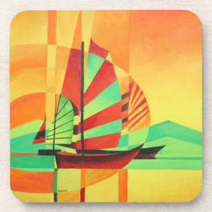 Chinese Junks Sail to Shore In Cubism Geo Art Coaster