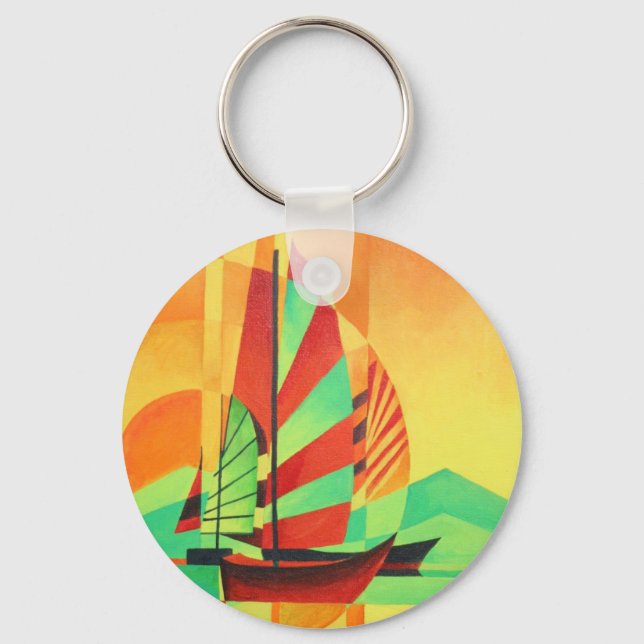 Chinese Junks Sail to Shore In Cubism Geo Art Keychain (Front)