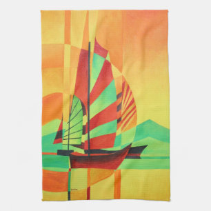 Chinese Junks Sail to Shore In Cubism Geo Art Kitchen Towel