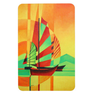 Chinese Junks Sail to Shore In Cubism Geo Art Magnet