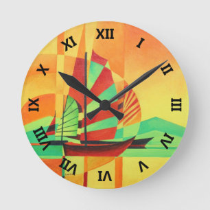 Chinese Junks Sail to Shore In Cubism Geo Art Round Clock