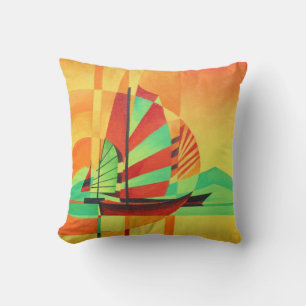 Chinese Junks Sail to Shore In Cubism Geo Art Throw Pillow