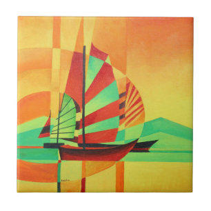 Chinese Junks Sail to Shore In Cubism Geo Art Tile