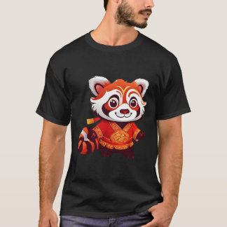 Chinese Kids Girls Boys Funny Red Panda Lion Dance T-Shirt
