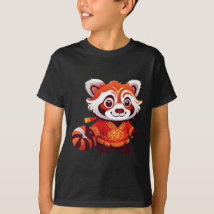 Chinese Kids Girls Boys Funny Red Panda Lion Dance T-Shirt