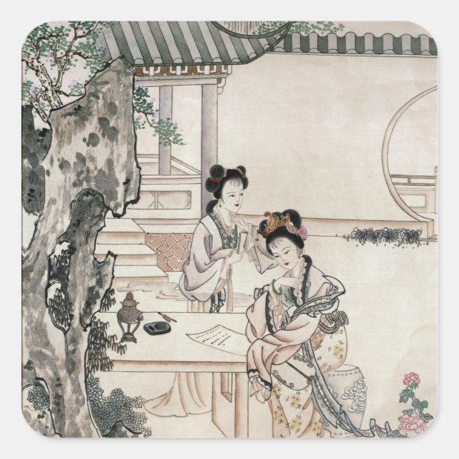 Chinese ladies in a garden square sticker (Front)