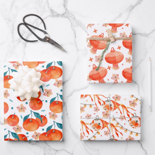 Chinese Lantern Floral Wrapping Paper Set of 3 (Front)