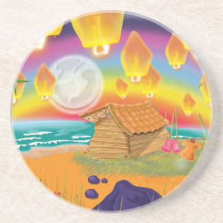 Chinese lanterns floating on a moonlit beach coaster