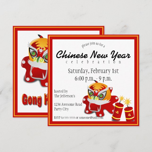 Chinese Lion and Firecrackers Invitation (Front/Back)