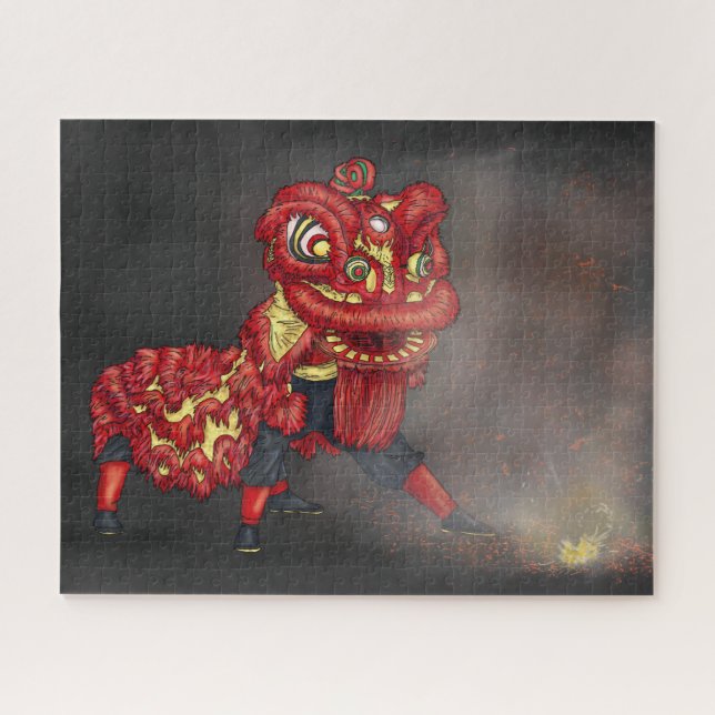 Chinese Lion Dancers Firecracker Illustration Jigsaw Puzzle (Horizontal)