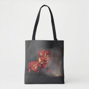 Chinese Lion Dancers Firecracker Illustration Tote Bag
