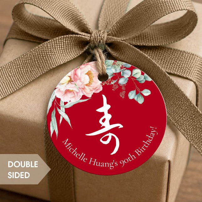 Chinese "Longevity" Birthday Peony Red gift tag (Creator Uploaded)