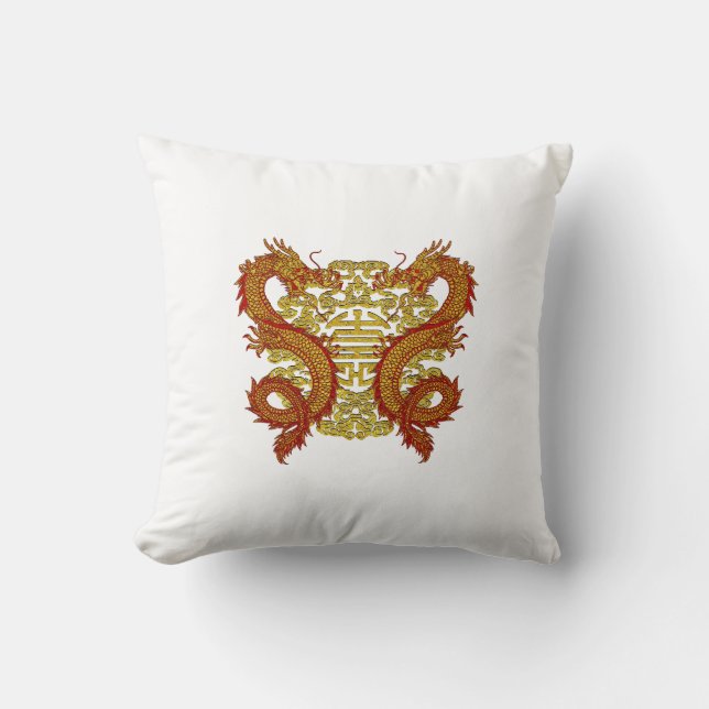 Chinese Longevity Symbol and Dragons Throw Pillow (Front)