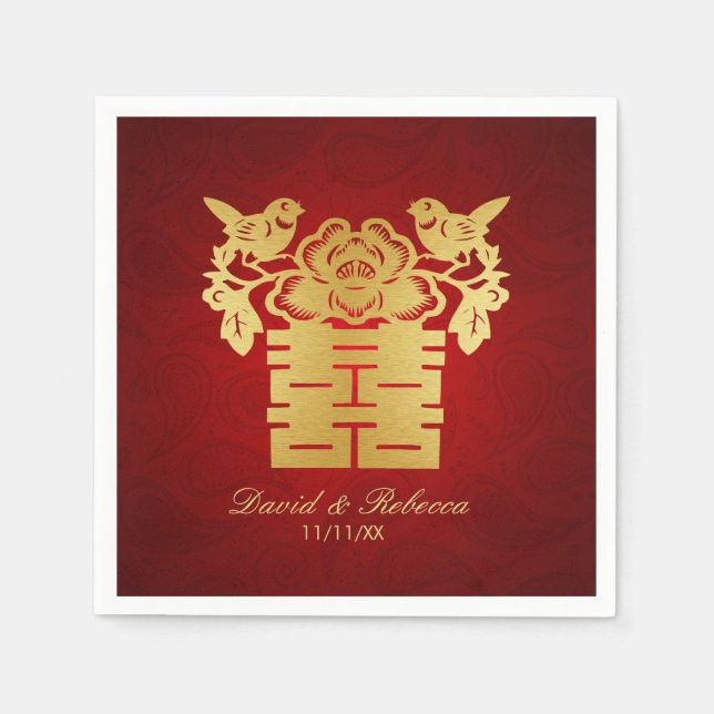 Chinese Love Birds Double Happiness Symbol Napkin (Front)