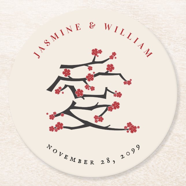 Chinese Love Red Cherry Blossoms Engagement Party  Round Paper Coaster (Front)