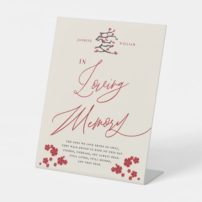 Chinese Love Red Cherry Blossoms In Loving Memory Pedestal Sign (Front)