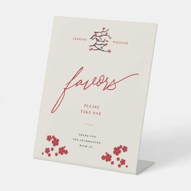 Chinese Love Red Cherry Blossoms Wedding Favours Pedestal Sign (Front)