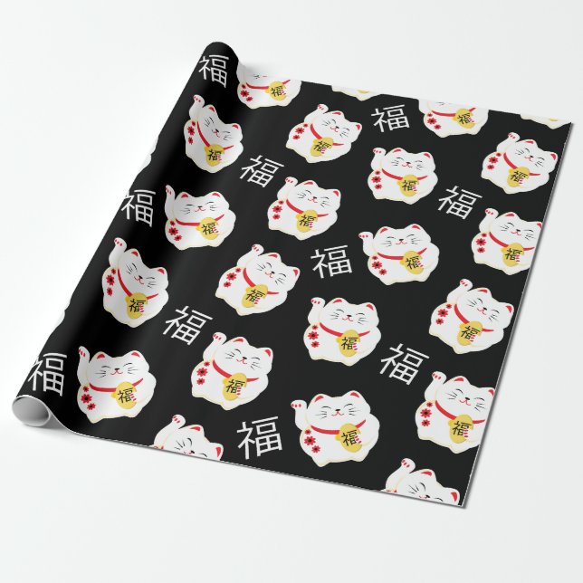 Chinese Lucky Cat Good Fortune Wrapping Paper (Unrolled)