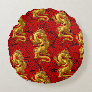 Chinese Lucky Gold Dragon Pouf Throw Pillow