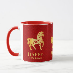 Chinese Lunar New year of the Horse 2026 Red Gold Mug