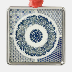 Chinese Medallion: Indigo Blue Chinoiserie Metal Ornament